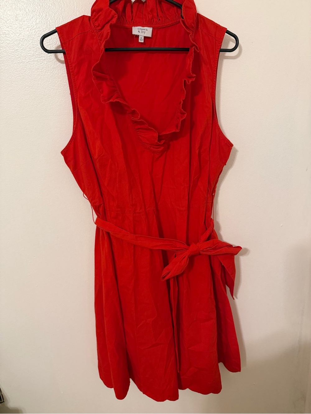 crown & ivy Red-Orange Sleeveless Ruffle-Trim Wrap Mini Dress